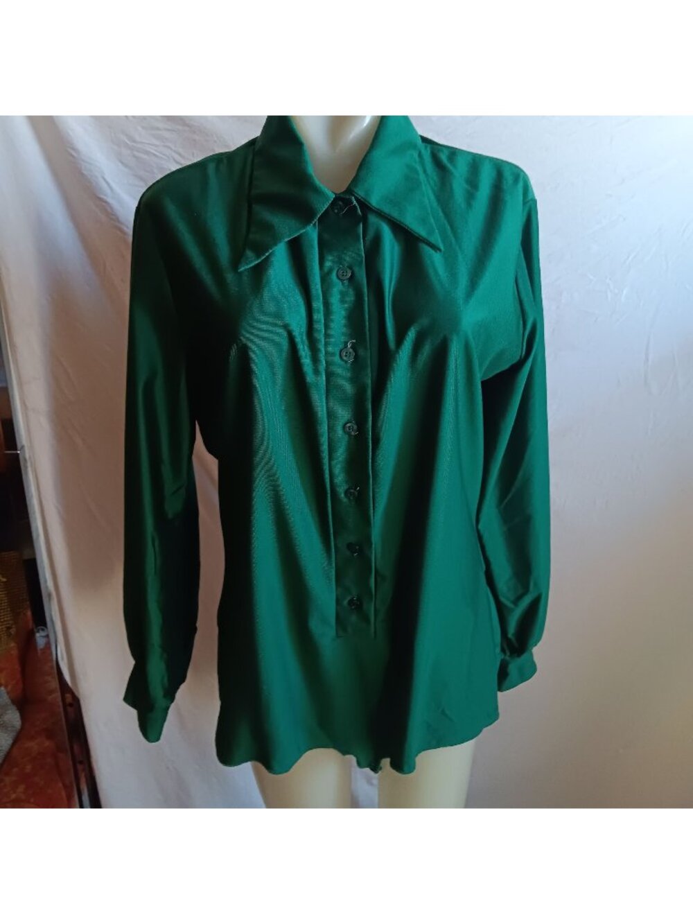 Vintage Button-Up Bodysuit Women's Large 70's Green Long Sleeve Pointed Collar